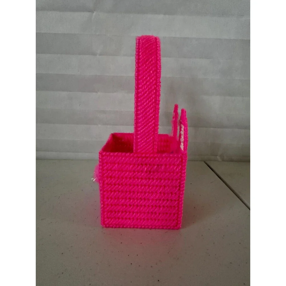 Mini Easter Basket with Pink Bunny – Colorful Plastic Canvas Handmade Gift